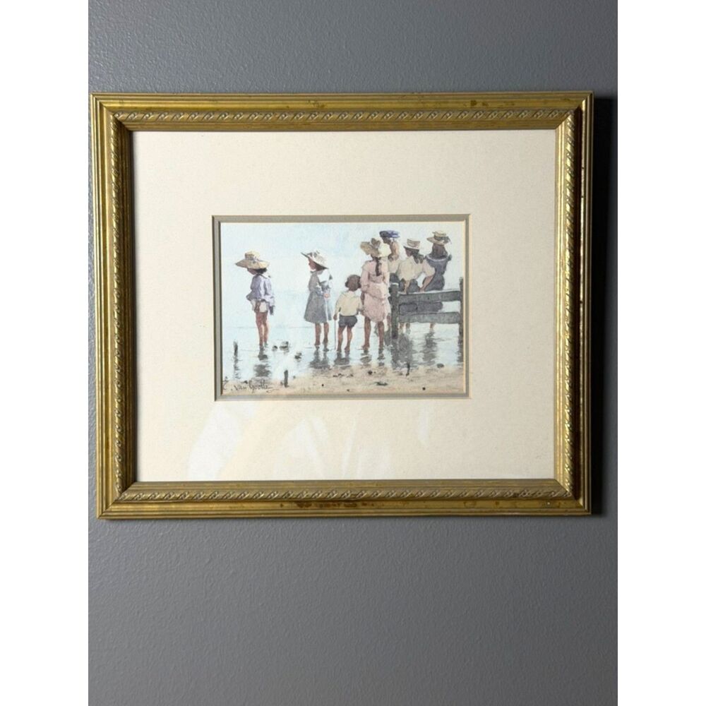 Vintage Coastal Beach Children Framed Art Print Nursery Decor 12"x14" - Picture 2 of 12